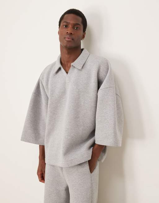 ASOS DESIGN – Szara melanżowa bluza o fasonie extreme oversize, z krótkimi rękawami i kołnierzykiem polo, część zestawu