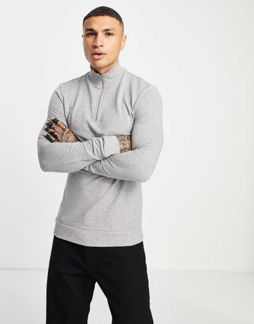 ASOS DESIGN – Szara melanżowa bluza o kroju podkreślającym sylwetkę z suwakiem pod szyją – GREY