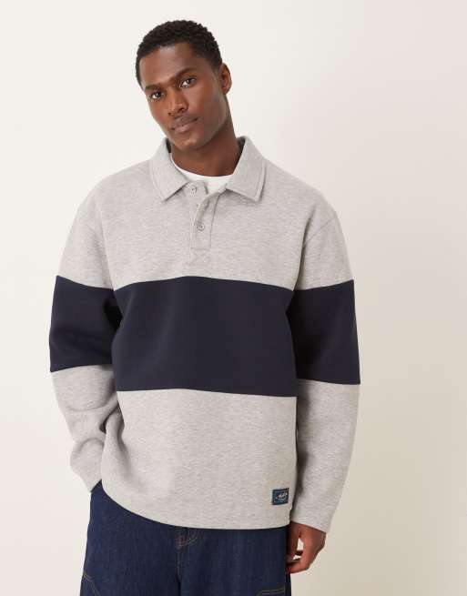 ASOS DESIGN – Szara melanżowa bluza oversize z kołnierzykiem polo, kontrastowymi wstawkami i tkanym logo