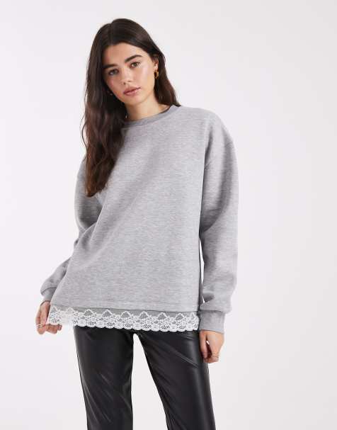 ASOS DESIGN oversized sweatshirt with lace hem detail in grey marl