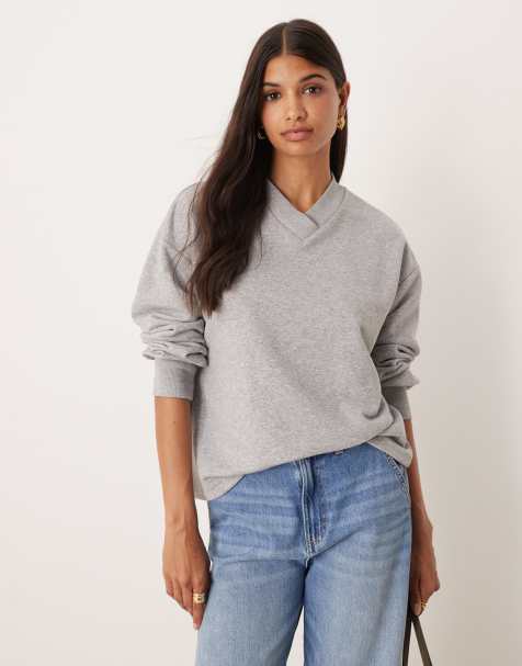 ASOS DESIGN high v neck detail sweatshirt in grey marl