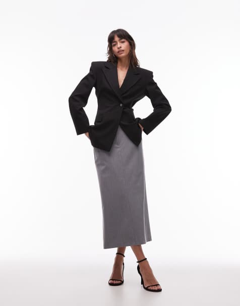 ASOS DESIGN tailored belted pencil midi skirt in grey melange