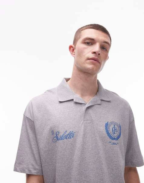 ASOS DESIGN boxy short sleeve polo with with front chest print in grey marl