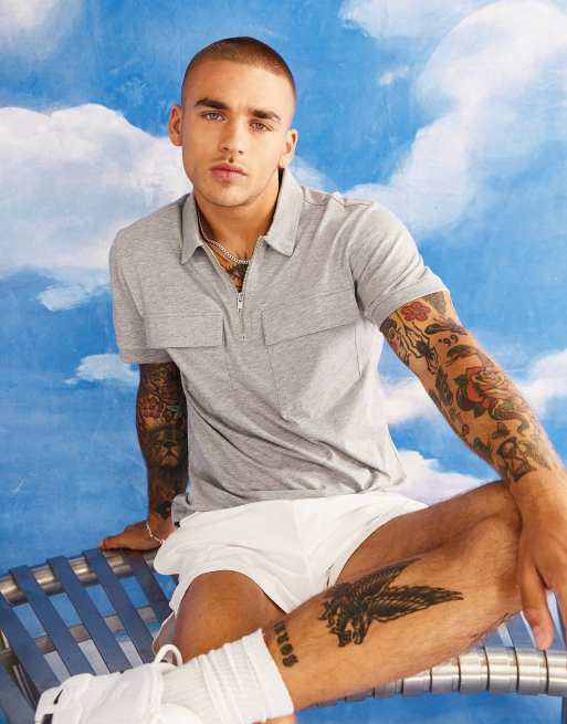 ASOS DESIGN – Szara melanżowa koszulka polo z zamkiem i kieszeniami 