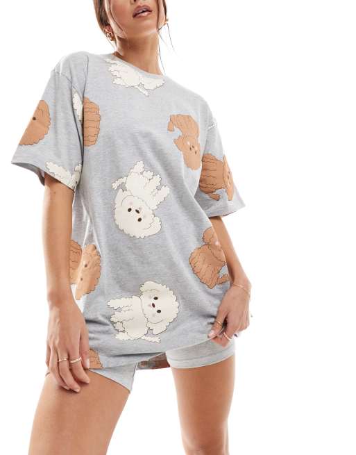 ASOS DESIGN – Szara melanżowa piżama we wzór w psy: krótkie legginsy i T-shirt