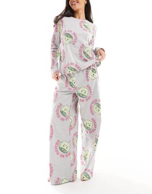 ASOS DESIGN – Szara melanżowa piżama ze wzorem z motywem matcha: top z długimi rękawami i spodnie