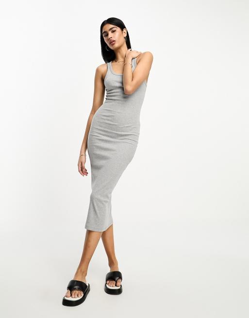 ASOS DESIGN – Szara melanżowa prążkowana sukienka midi z dekoltem U
