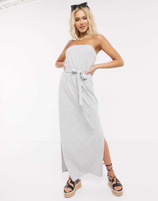 ASOS DESIGN – Szara melanżowa sukienka maxi z dekoltem typu bandeau i paskiem