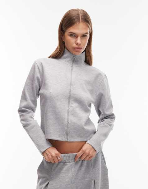 ASOS DESIGN interlock co-ord zip through high neck sweatshirt in grey marl
