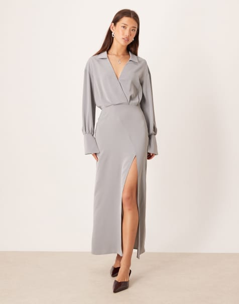 ASOS DESIGN – Szara ołówkowa sukienka midi i koszulą z drapowaniem - view 1
