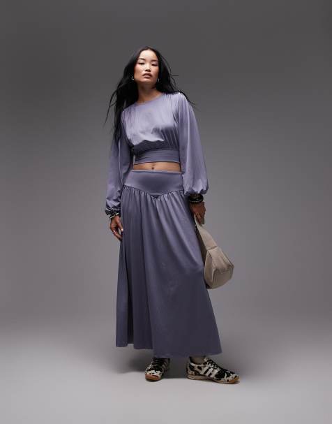 ASOS DESIGN co-ord slinky drop waist full skirt in grey