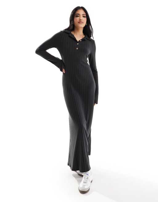 ASOS DESIGN – Szara prążkowana sukienka midaxi typu bodycon z kołnierzykiem i długimi rękawami