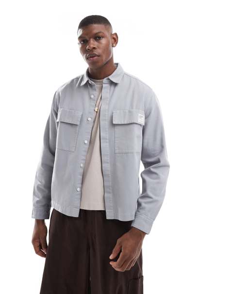 ASOS DESIGN boxy overshirt with badge detail in grey