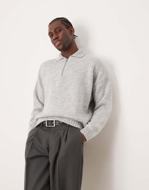 ASOS DESIGN – Szara pudełkowa koszulka polo oversize z puszystej dzianiny z suwakiem pod szyją - view 1