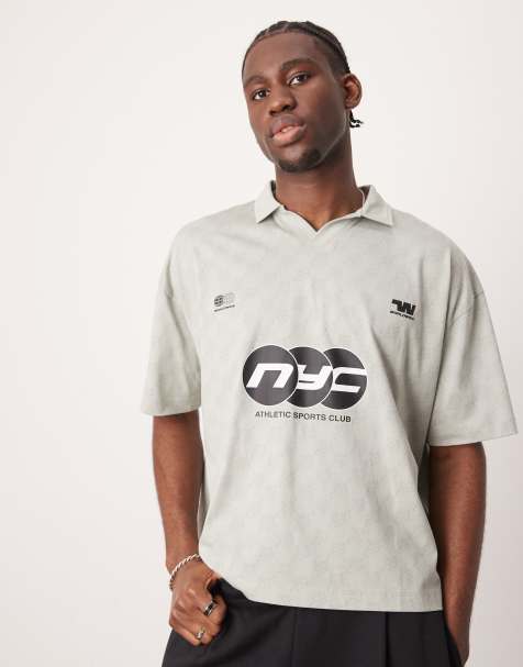 ASOS DESIGN boxy oversized polo with sports graphic in grey