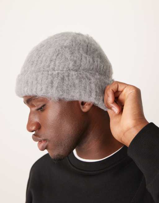 ASOS DESIGN – Szara puszysta czapka beanie z domieszką wełny