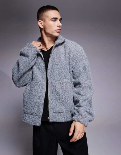 ASOS DESIGN – Szara puszysta kurtka koszulowa o pudełkowym kroju oversize z zapięciem na zamek