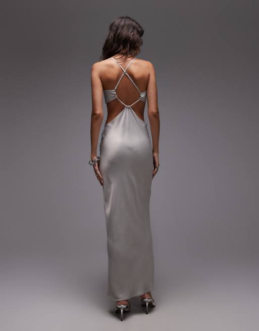 ASOS DESIGN – Szara satynowa sukienka maxi z wycięciem, 4 z 4