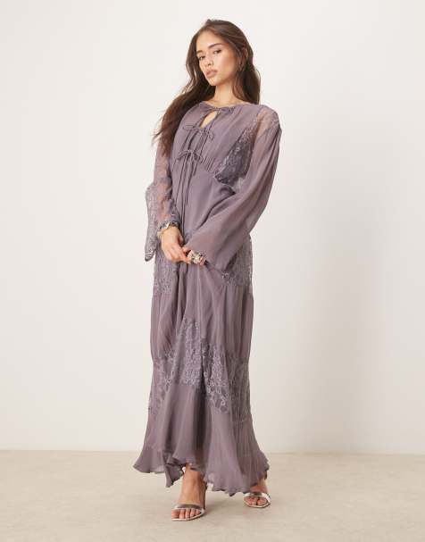ASOS DESIGN – Szara sukienka maxi z długimi rękawami i koronkowymi wstawkami - view 1