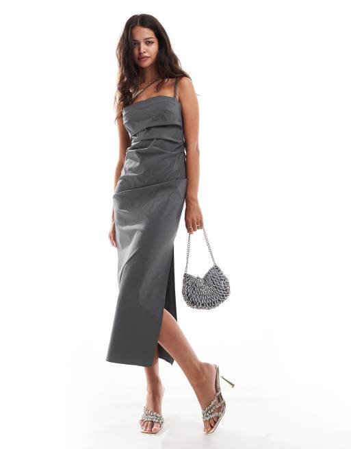ASOS DESIGN – Szara sukienka midi typu bodycon z marszczeniami 