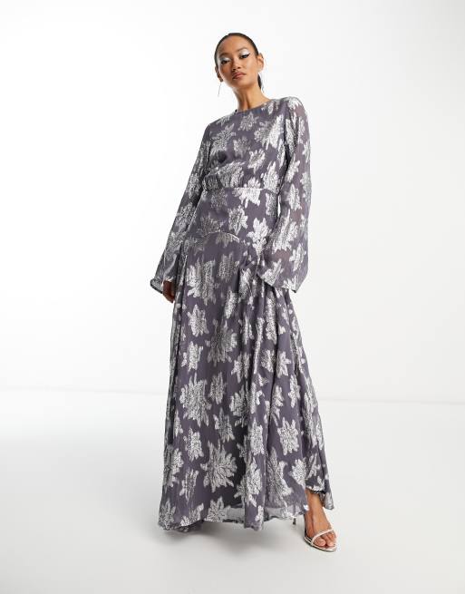 ASOS DESIGN – Szara sukienka midi w metaliczny wzór z długim rękawem i falbanką na rękawach