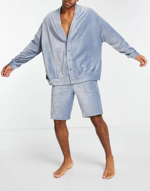 ASOS DESIGN – Szara welurowa piżama w prążki: kardigan i szorty, 4 z 4