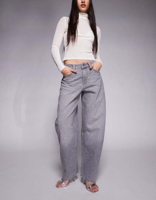 ASOS DESIGN – Szare dopasowane jeansy barrel ze zdobieniem z kryształków z przodu