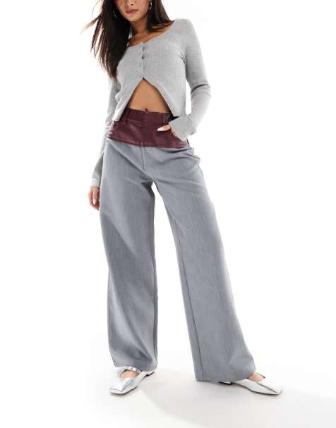 ASOS DESIGN – Szare dopasowane spodnie z kontrastową wstawką z imitacji skóry - view 1