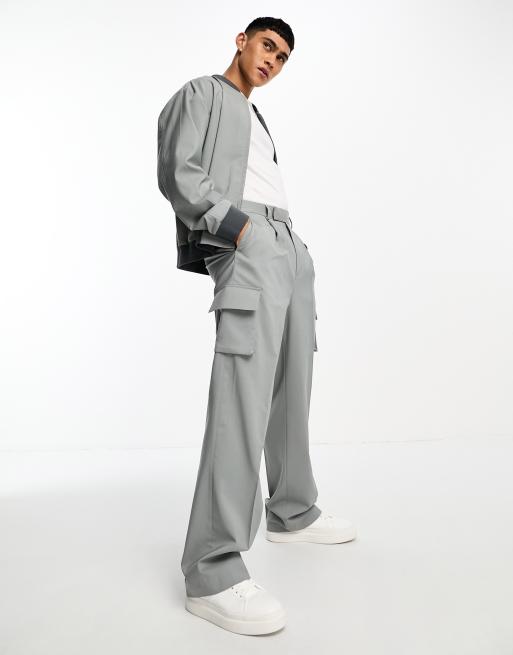 ASOS DESIGN – Szare eleganckie bojówki z szerokimi nogawkami i kieszeniami, część zestawu