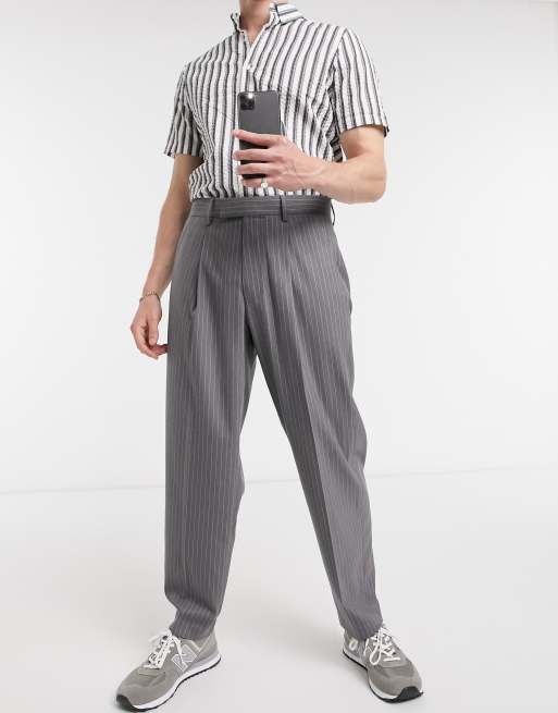 ASOS DESIGN – Szare, eleganckie spodnie oversize w prążki ze zwężanymi nogawkami