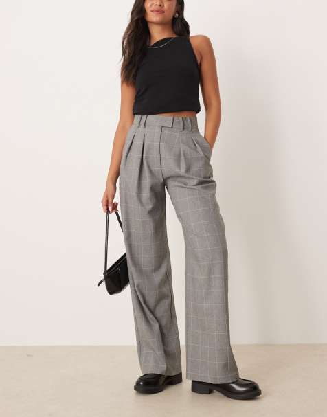 ASOS DESIGN tailored wide leg trousers with pleat detail in grid check