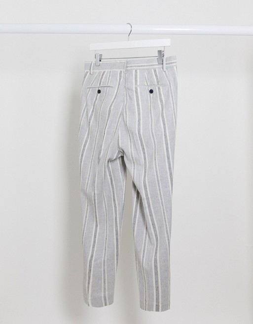 ASOS DESIGN – Szare eleganckie spodnie ze zwężanymi nogawkami z materiału z domieszką lnu w paski HXMB