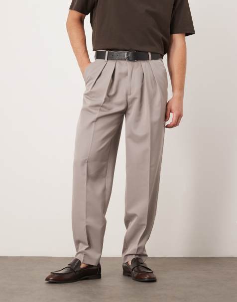 ASOS DESIGN smart oversized tapered trousers with double pleats and back pocket detail in stone