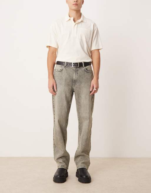 ASOS DESIGN – Szare jeansy z prostymi nogawkami z zielonym przebarwieniem