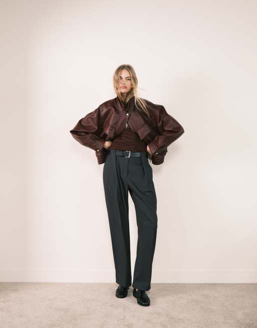ASOS DESIGN – Szare melanżowe eleganckie spodnie z prostymi nogawkami, paskiem i podwyższonym stanem