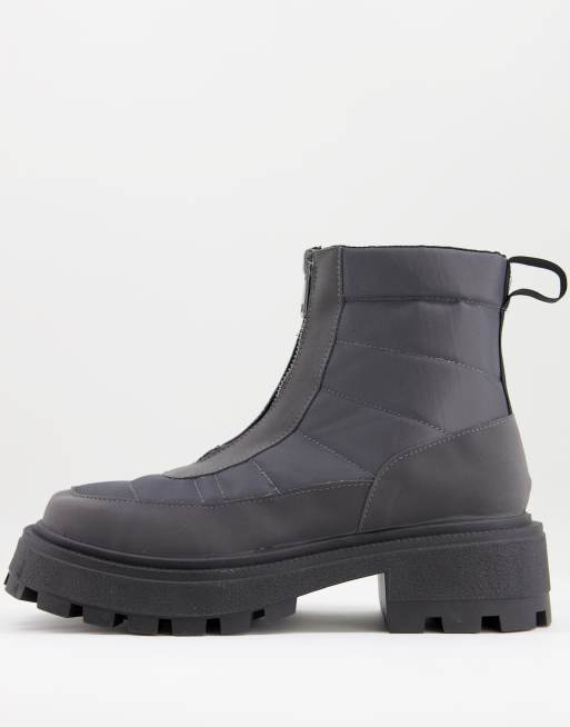 ASOS DESIGN – Szare, ocieplane sztyblety nylonowe na grubej podeszwie, z kwadratowymi noskami i zamkiem