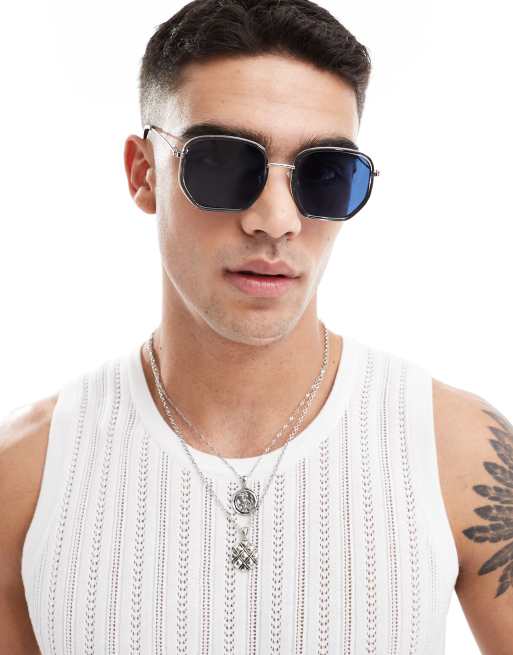 ASOS DESIGN – Szare okrągłe okulary przeciwsłoneczne z niebieskimi soczewkami i metalowymi oprawkami