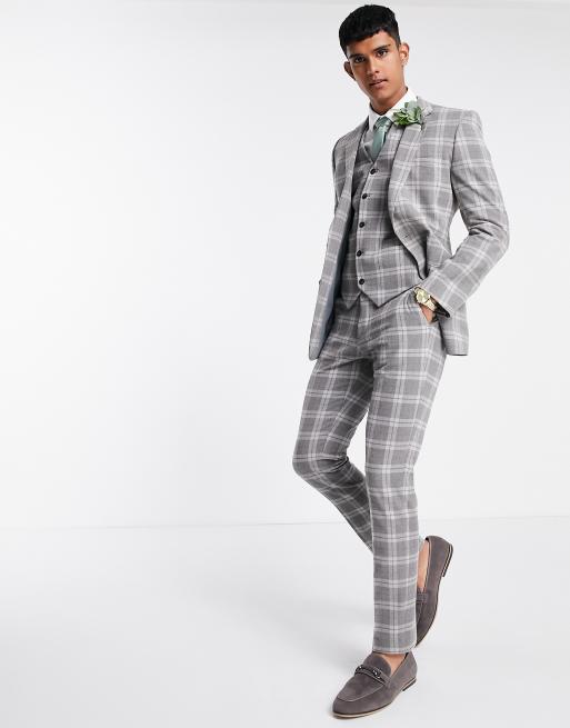 ASOS DESIGN – Szare spodnie garniturowe o obcisłym kroju z mieszanki wełny w kratę