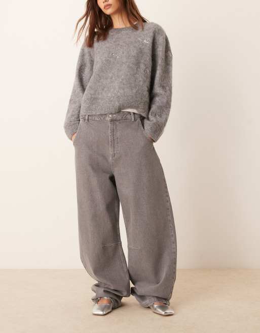 ASOS DESIGN – Szare sprane jeansy o baryłkowym kroju z podwyższonym stanem
