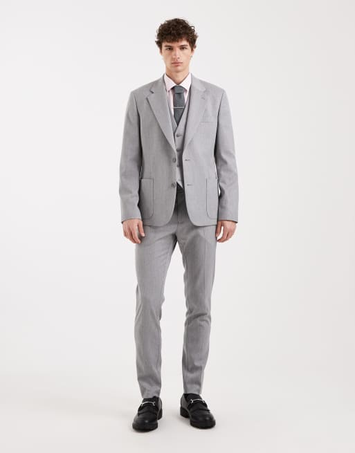 ASOS DESIGN – Szary garnitur o obcisłym kroju z imitacji wełny w jodełkę, 2 z 4