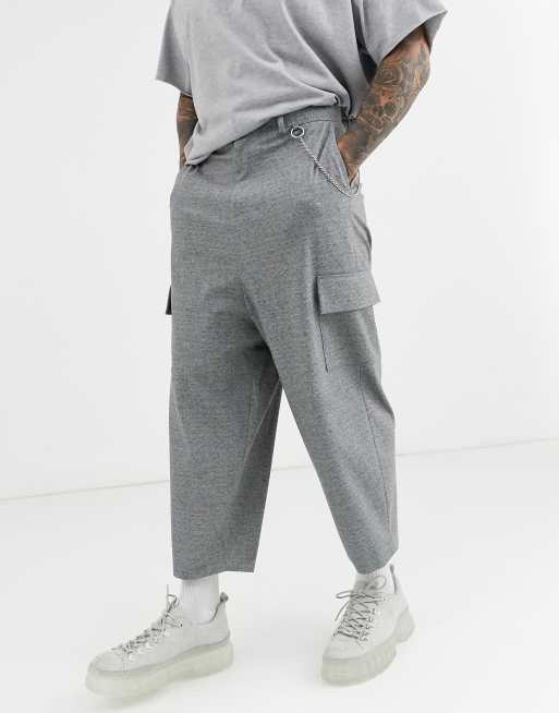 ASOS DESIGN – Szare zwężane, eleganckie spodnie z obniżonym krokiem, kieszeniami i metalowym łańcuszkiem