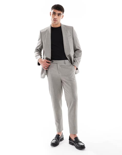 ASOS DESIGN tapered suit trousers with linen in grey herringbone