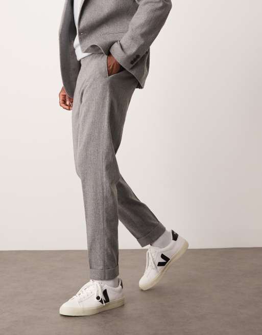 ASOS DESIGN – Szare zwężane spodnie garniturowe z flaneli z domieszką wełny