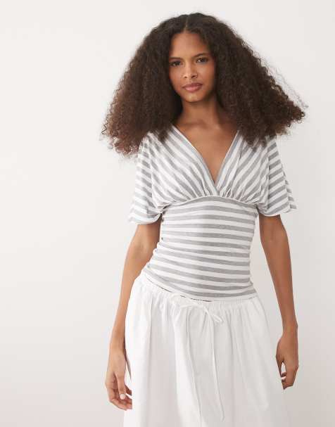 ASOS DESIGN – Szaro-biały wiązany na plecach top bez rękawów z głębokim dekoltem w paski - view 1