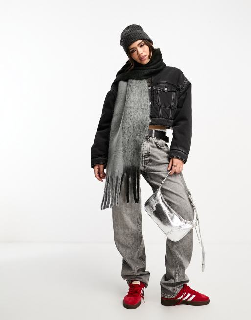 ASOS DESIGN – Szaro-czarny puszysty szalik z frędzlami , 2 z 4