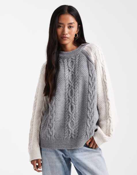 ASOS DESIGN colour block cable mix jumper in grey and cream