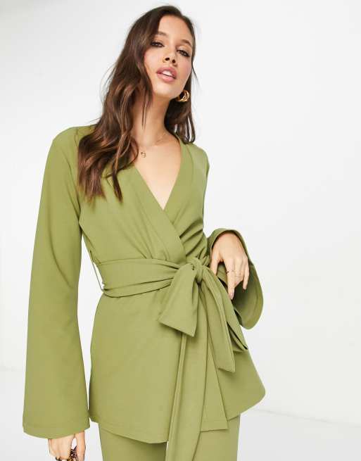ASOS DESIGN – Szaro-zielona dżersejowa marynarka garniturowa bez kołnierza z paskiem