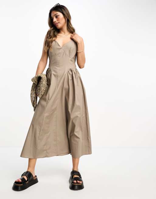 ASOS DESIGN – Szarobeżowa bawełniana sukienka midi o kroju skater z obniżoną talią 