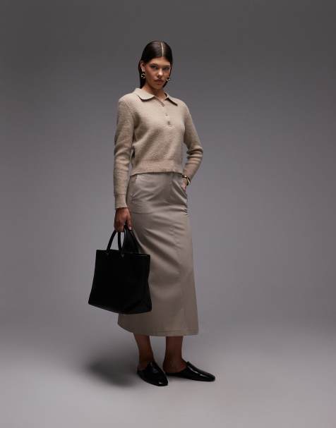 ASOS DESIGN tailored belted pencil midi skirt in stone