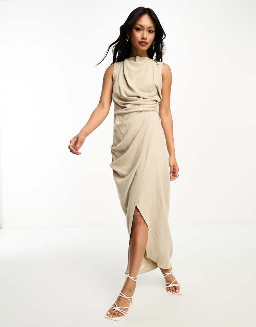 ASOS DESIGN – Szarobeżowa drapowana sukienka midi z kopertowym dołem z domieszką lnu